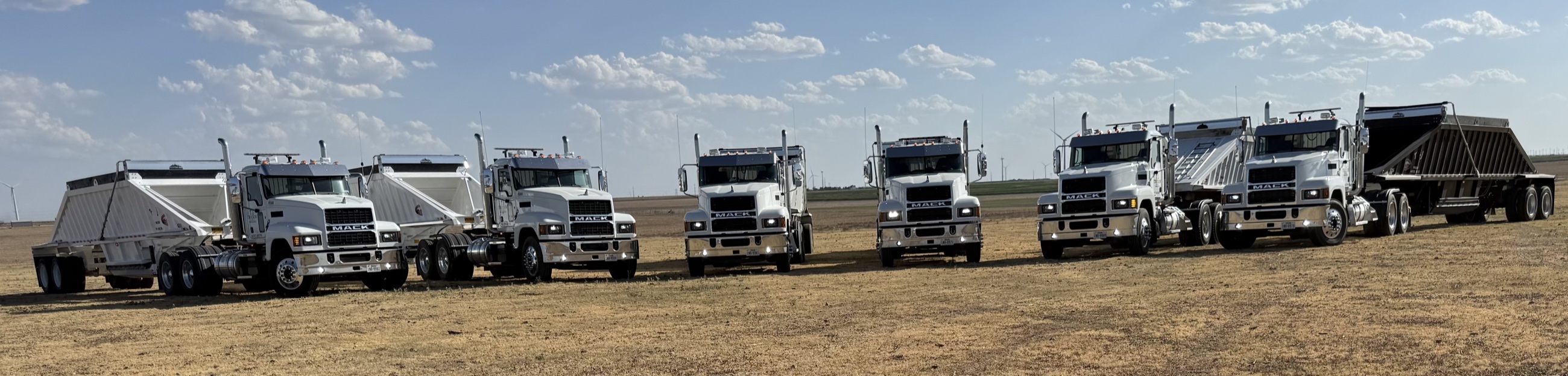 TJ Truckin’ dump trucks and trailers lined up in a Texas field